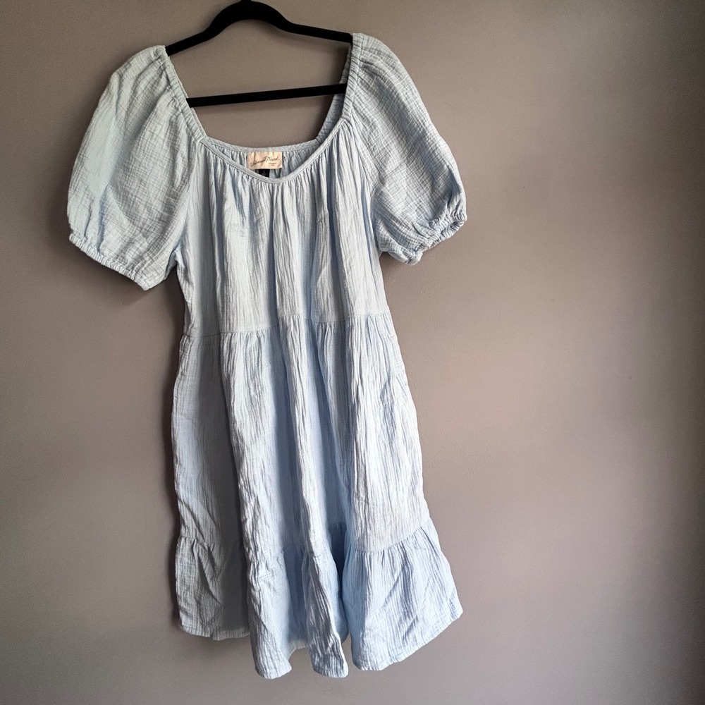 Universal Thread Womens Light Blue Cotton Gauze Tiered Puff Sleeve Mini Dress S